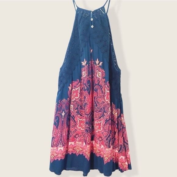 Free People Shea printed Navy Pink crocheted strappy tunic dress - Picture 6 of 7